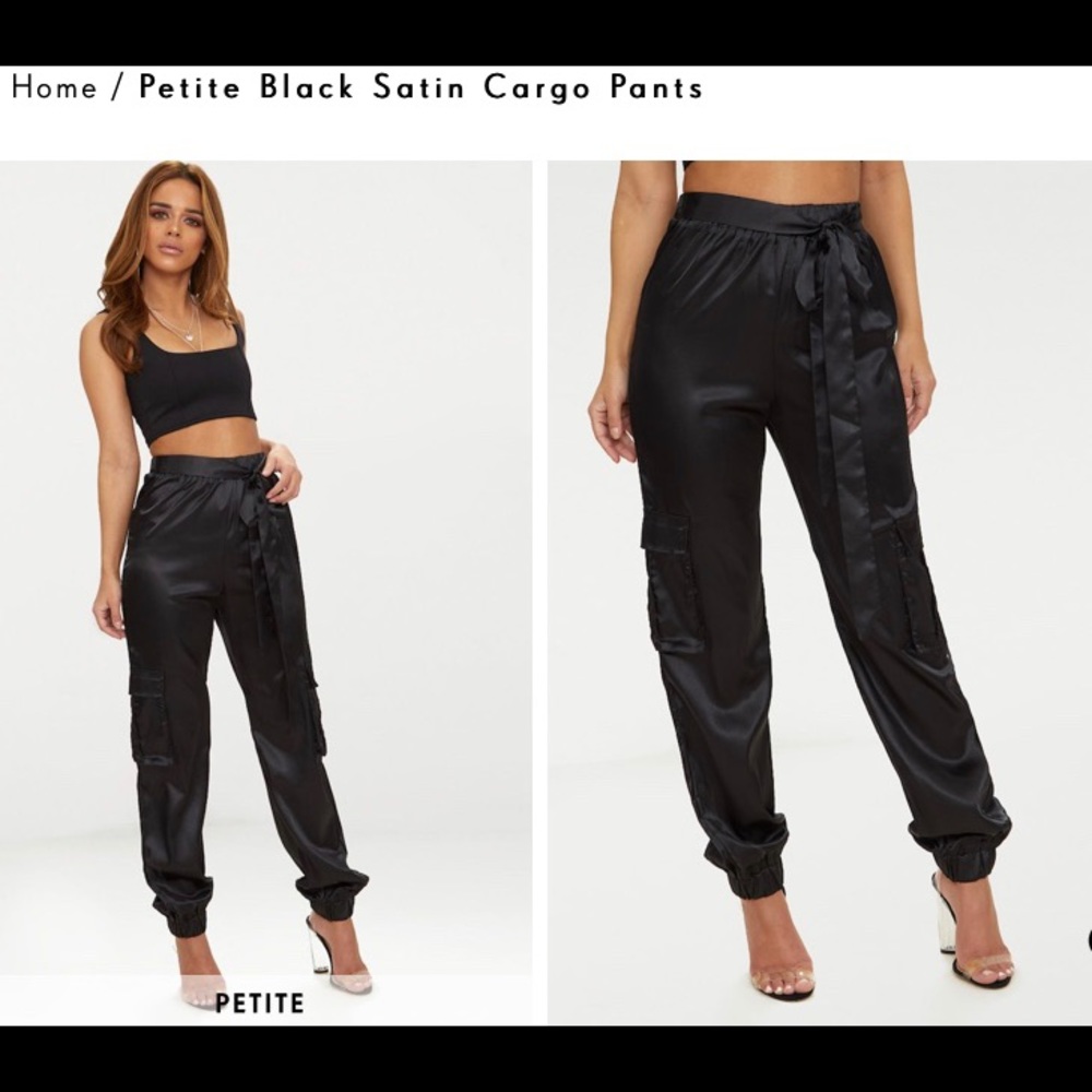 Pretty Little thing Black Satin cargo pants NWT